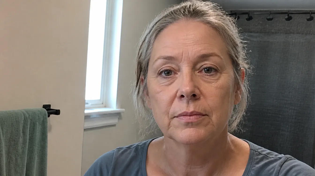 Diane, 56, looking at herself in the bathroom mirror